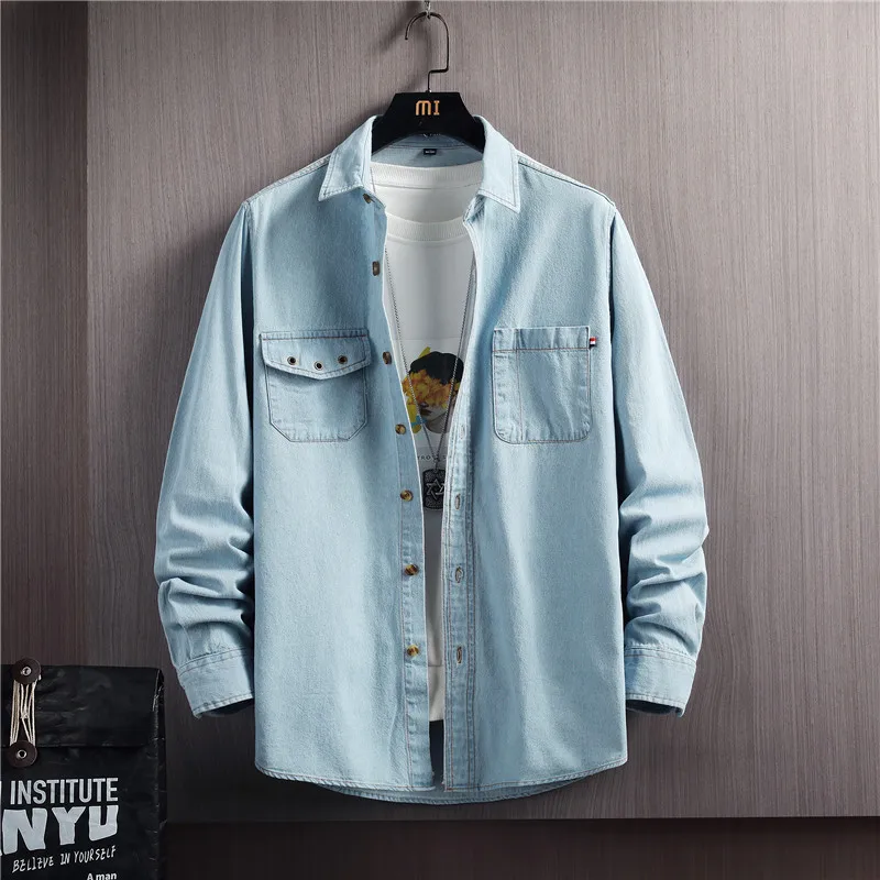 Spring and autumn new men's clothing trend pure cotton denim long-sleeved shirt young students casual fashion fit coat top shirt
