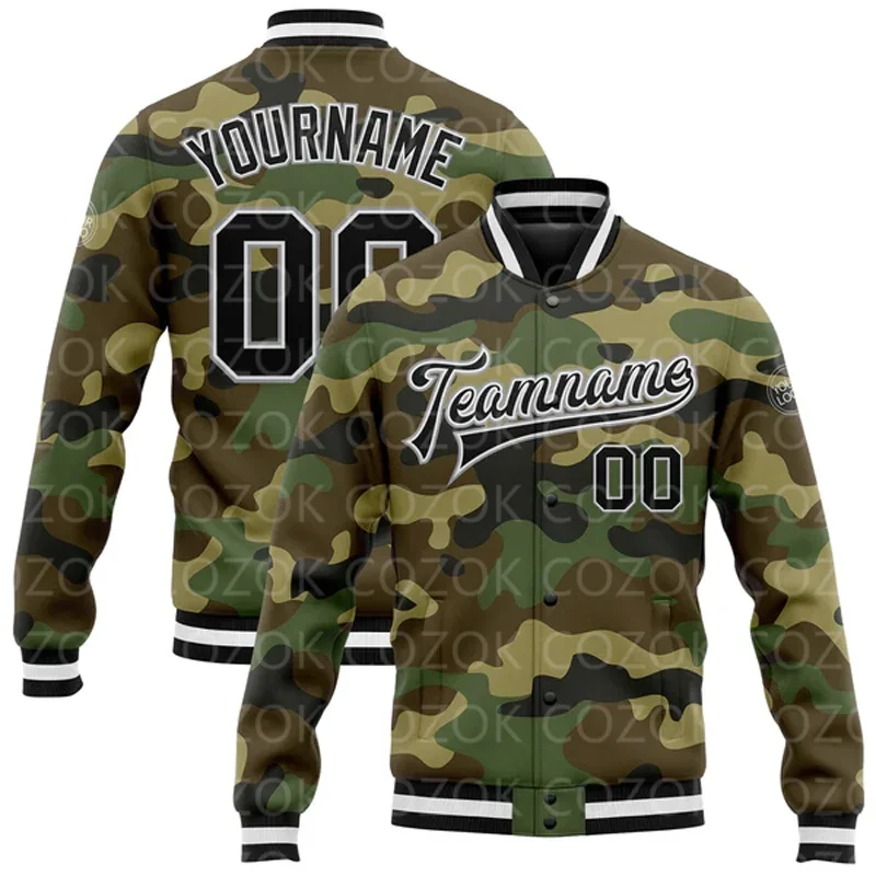 Custom Camouflage Black Color 3D Printed Baseball Button Jacket Bomber Full-Snap Varsity Letterman Jacket