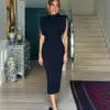 Sexy Black Split Sleeveless Shoulder Pads Bodycon Dress Women Zipper Sleeveless Slim Midi Dresses 2024 Elegant Female Party Robe