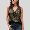 Summer Casual Printing Lace Trim Sleeveless V-Neck Tank Tops For Women Temperament Blouse Romantic Neckline Exquisite Pullover