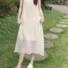 Summer Mesh Sleeveless Slip Dress Women Sweet Fashion Loose Ruffle Pleated Ladies Dresses Korean Style Woman Long Dress