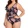 Plus Size Swimsuit Women Deep V Neck Hollow Out High Waist Sexy Bikinis Black Floral Print Bathing Suit Beach Swimwear - Image 2