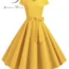Summer Solid Yellow Color 50s 60s Vintage Dress Women Short Sleeve Square Collar Elegant Office Party Midi Dresses Belt