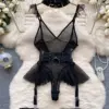 SINGREINY Sheer Round Dot Sexy Bodysuits Women Halter Ruffles Belt Slim Lingerie Little Devil Apparel Erotic Porn Mesh Playsuit