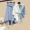 Summer Blue Patchwork Chiffon Shirt Tops Irregular Lace Up Denim Short Skirt Two-piece Elegant Women's Skirt Set Casual Outfits - Image 2