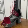 2023 New Punk Platform Mid-calf boots burgundy Chunky Heels Cross strap Lace Up Metal Decor Shoes Gothic Woman Man Custom Shoes