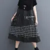 Short Sleeve Denim Patchwork Plaid Print Dresses For Women Fashion Pocket Loose Casual Midi Dress Elegant Clothes Summer 2024