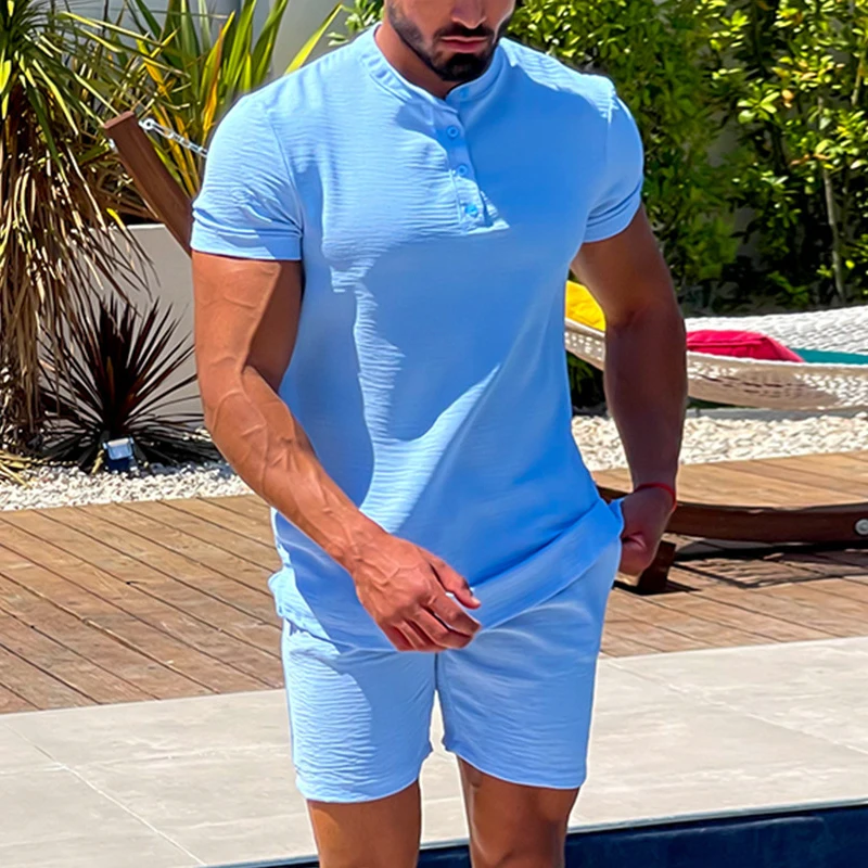 Vintage Solid Color Two Piece Suits Men Cotton Linen Casual Tops And Shorts Mens Outfits 2024 Spring Summer Fashion T-shirt Sets