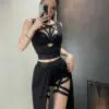 Goth Club Mesh Sexy Summer Corsets Skirt Set Women Sleeveless Black Crop Bra Top Bandage Underpants Slit Skirt 4pcs Sets