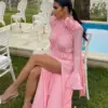 Pink 3D Flower Dress Women Flare Sleeve Pleated Waist Female Evening Long Dresses 2023 Autumn Sexy Cut Out Split Lady Robe