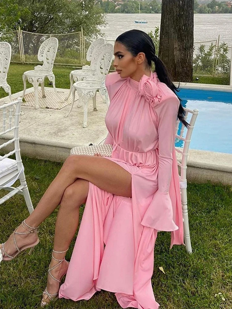Pink 3D Flower Dress Women Flare Sleeve Pleated Waist Female Evening Long Dresses 2023 Autumn Sexy Cut Out Split Lady Robe
