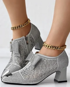 Heels Women's Hollow Mesh Shoes Summer Fashion Rhinestone Square Heel Pointed Toe Size 43 Zipper Bow Sandals Women Sandalis - Image 5
