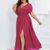 Plus Sized Clothing Hot Pink Batwing Sleeve Maxi Dress With Pockets Casual V Neck Split Ruched Tie Back Elegant Party Dress