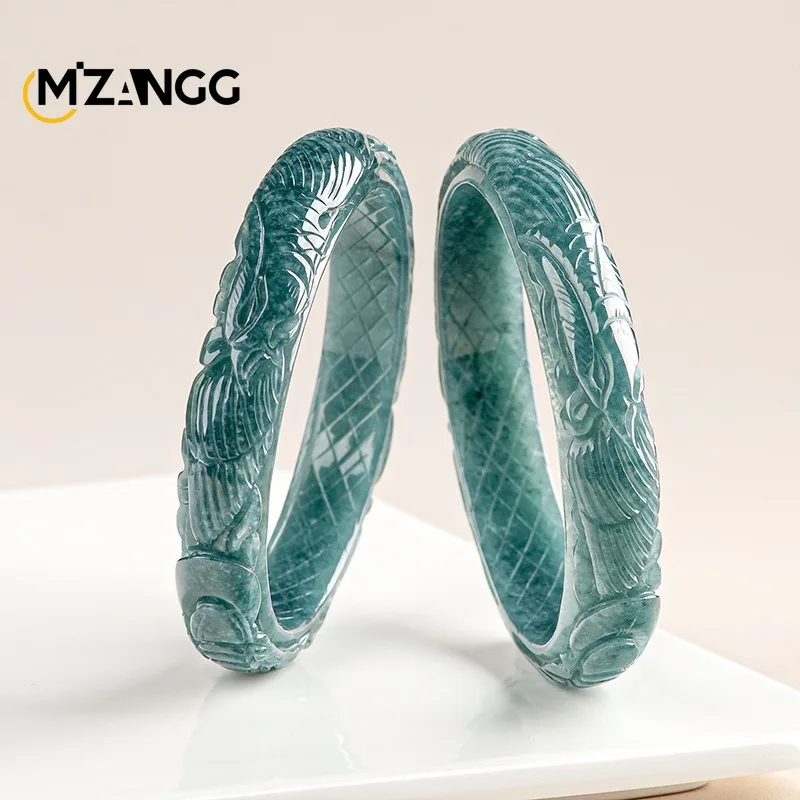 High Quality Myanmar Jadeite Blue Water Three-dimensional Carved Phoenix Bangles Auspicious Peace Fashion Luxury Women Jewelry