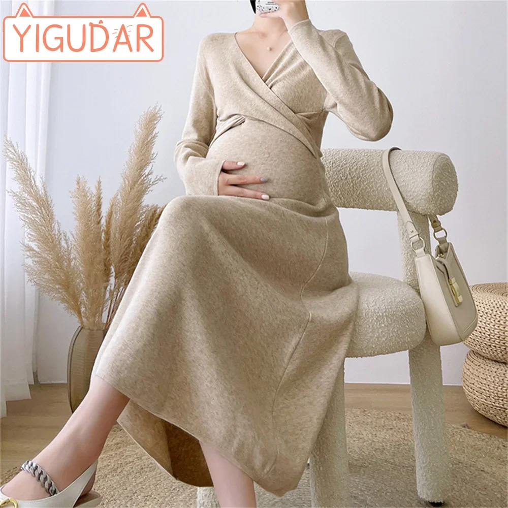 Pregnant Women's Dress 2023 Autumn and Winter New Knitted Long Sleeve Dress Fashion Wide V-neck Mid Length Dress For Women's