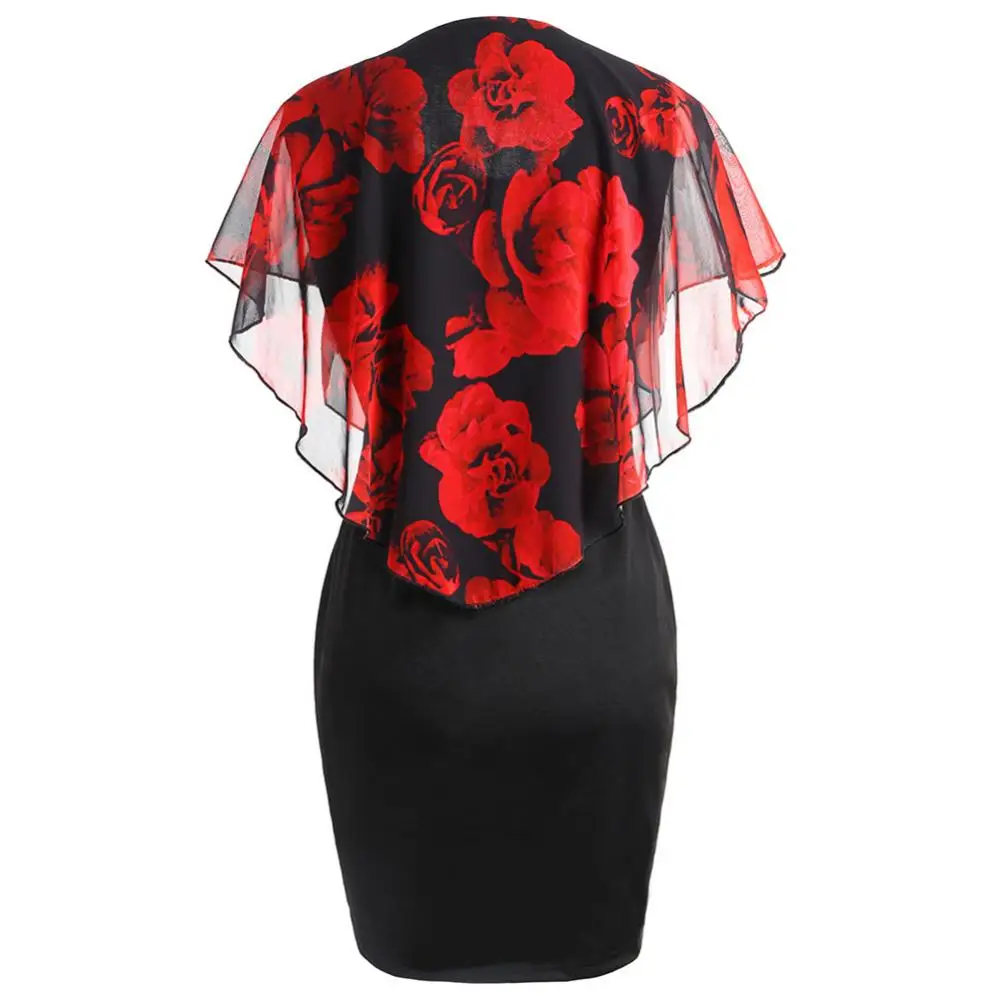 HOT SALES！！！New Arrival Plus Size Elegant Office Lady Rose Flower Print Cape Bodycon Knee Length Dress