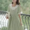Japanese Mori Girly Preppy Style Lolita Fairy Women Dress Elegant Summer Sailor Collar Bow Waist Short Sleeve Mid-Calf Dresses
