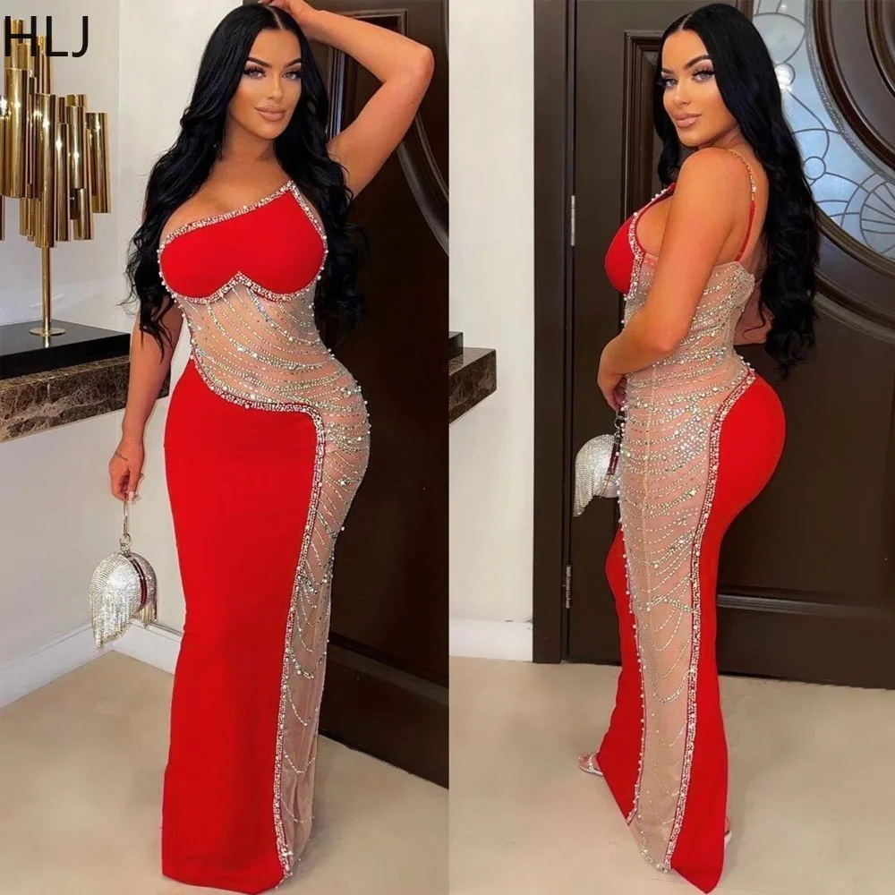 HLJ Fashion Mesh Perspective Pearls Bodycon Party Club Dresses Women One Shoulder Sleeveless Slim Vestidos Sexy Lady Clothing