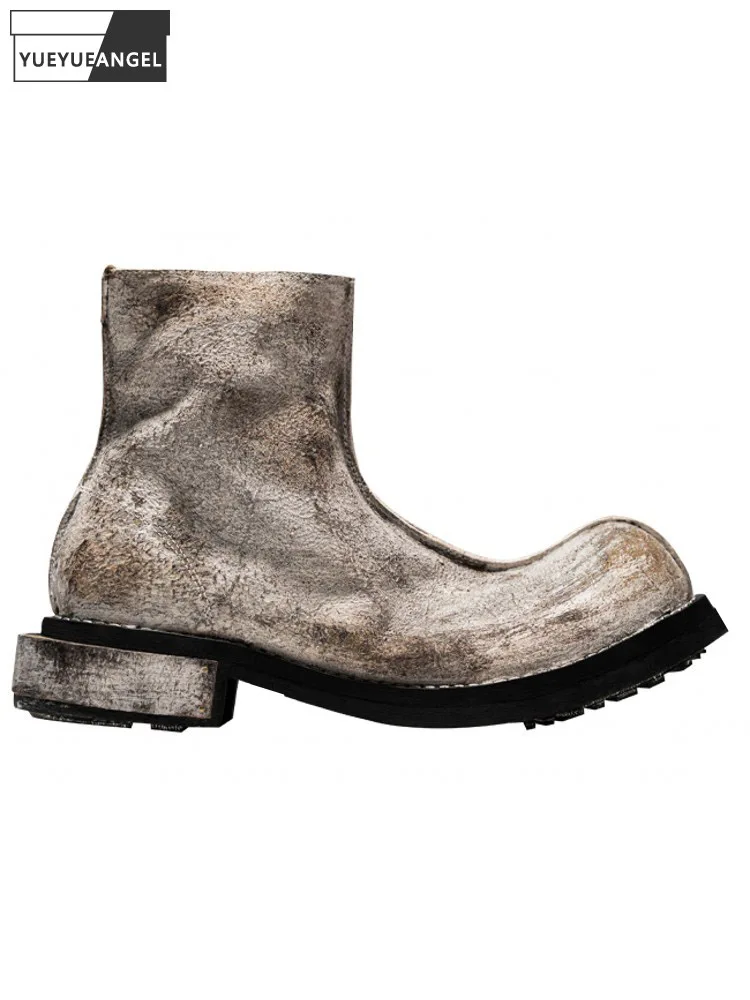 Runway Designer Men Vintage Cowhide Genuine Leather Ankle Boots Round Toe High Top Work Safety Shoes Customized 15 Days