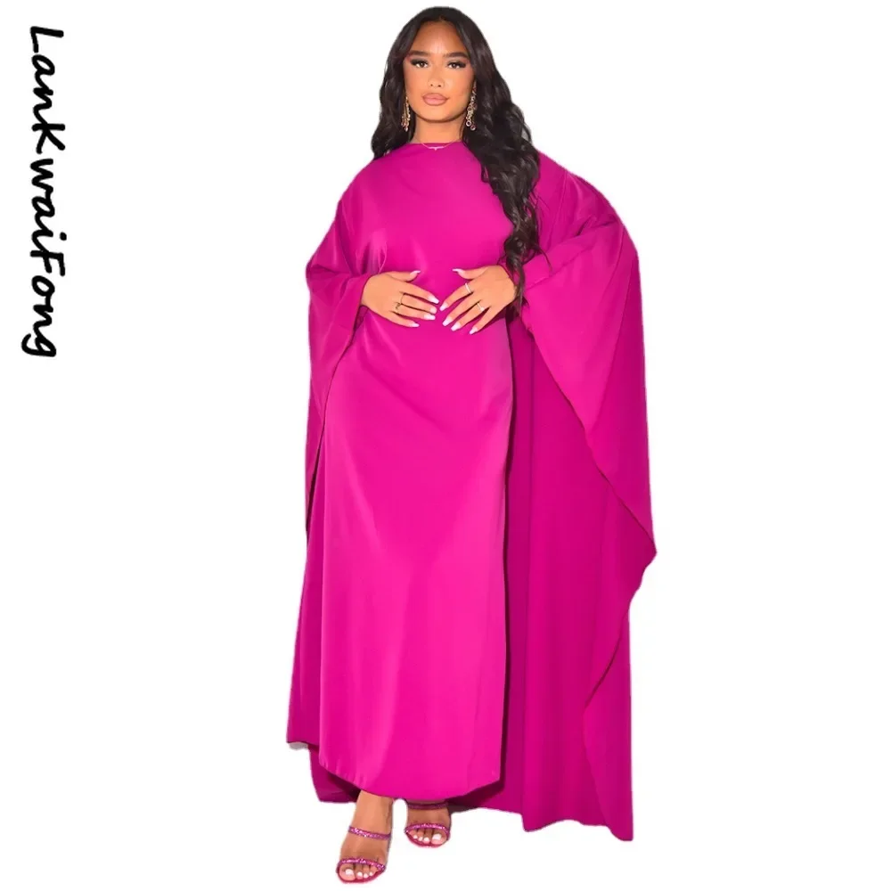 LKFFashion Satin Party Dress Robe Abaya Muslim Women Elegant Solid Round Neck Bat Sleeves Loose Maxi Dress Women