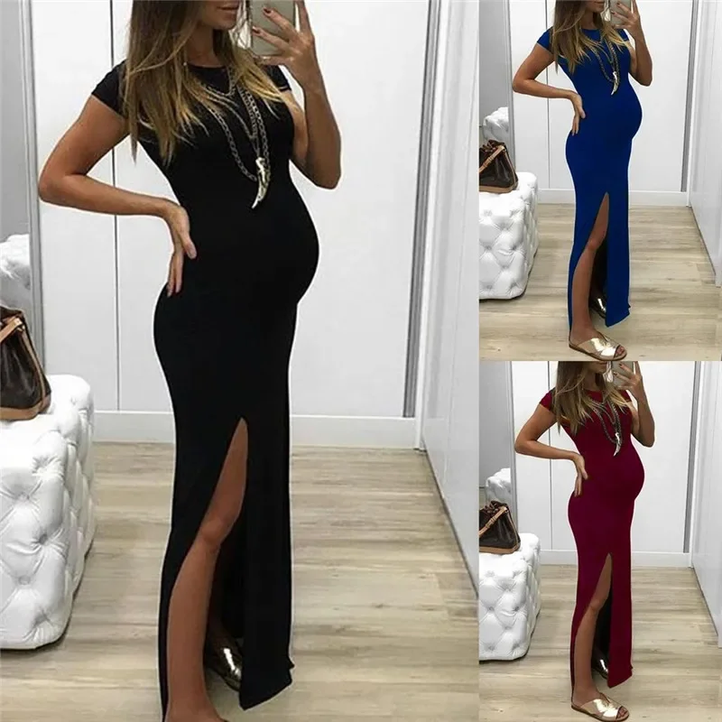 Pregnant Tight Open Long Dress Women Solid O-Neck Short Sleeve Maternity Spring Summer Pregnancy Clothes