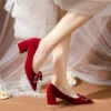 2024 Women's Spring and Autumn New Red Rhinestone Bow Large Wedding Shoes Pointed Comfortable Shallow Mouth High Heels - Image 6