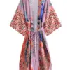Vintage Chic Fashion Women Crane Floral Print Bohemian Kimono Dress Batwing Sleeves Beach Boho Robe Bikini Cover-ups
