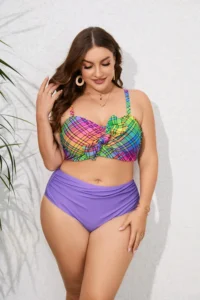 Large Size Women's Swimsuit Colorful Plaid Print Plus Size Swimwear Two Pieces Bathing Suit Beachwear Tankini - Image 2