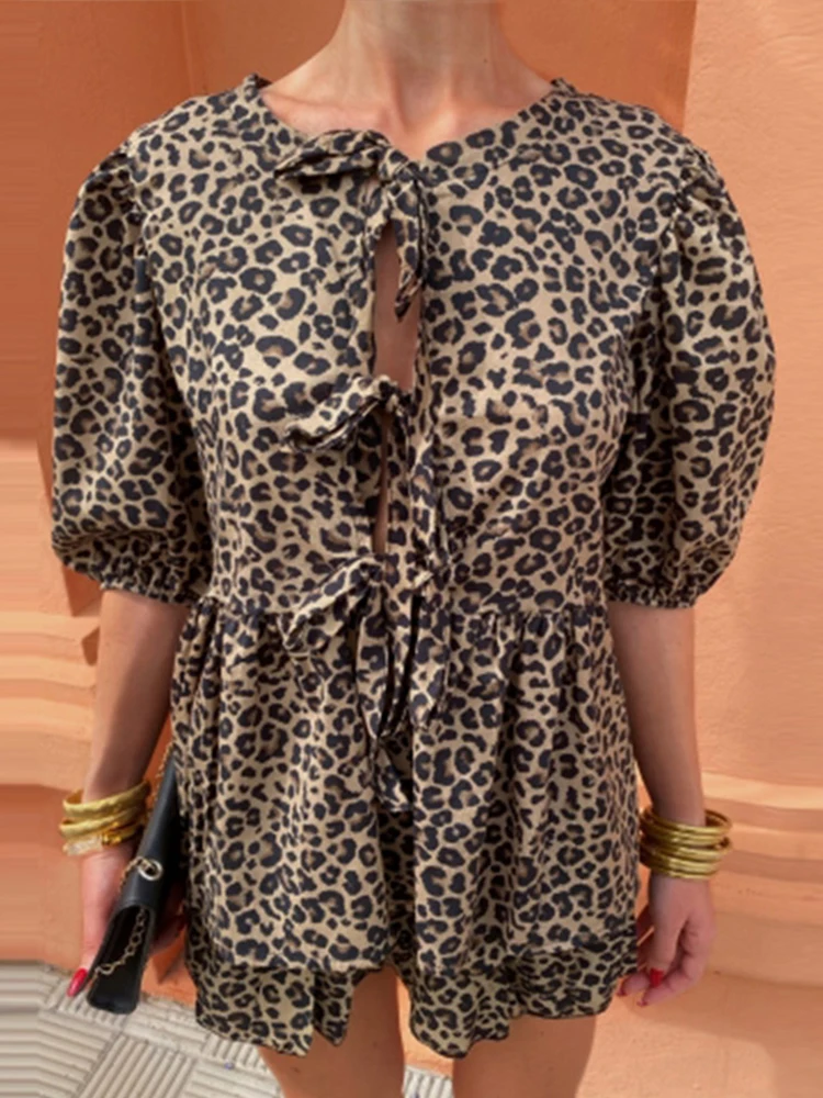 Leopard Printed Lace-up Shirt Skirts Set Women Short Puff Sleeve O Neck Hollow Out Top Sexy Mini Skirt 2024 Summer Ladies Outfit
