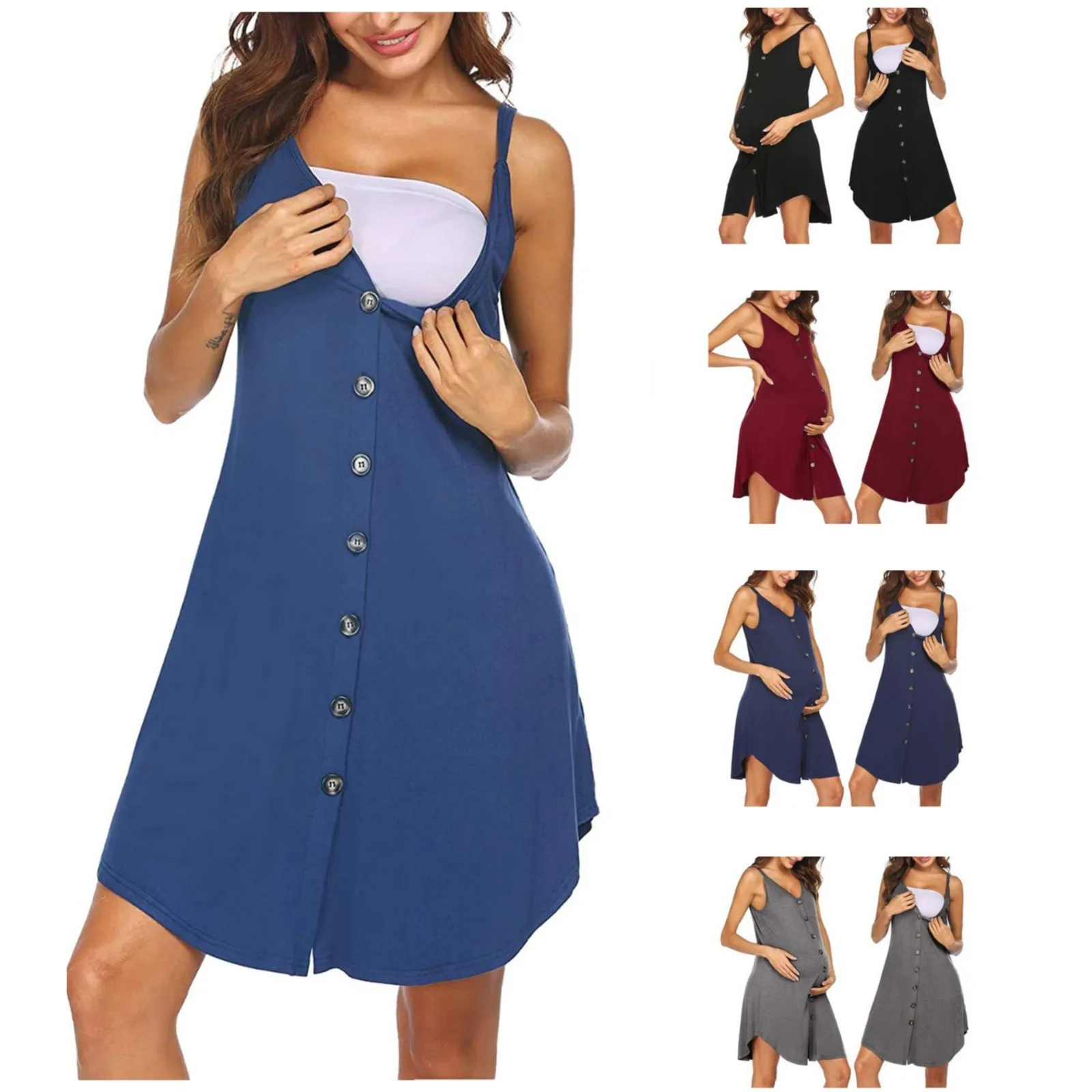 Maternity Spaghetti Strap Dress Women's Pregnancy Sleeveless Full Button Nursing Dress Breastfeeding Solid Color Dress Nightgown