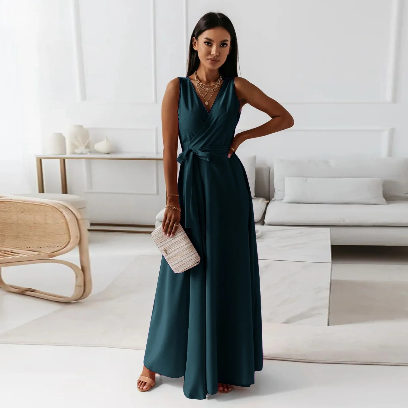 Elegant Dresses For Women Formal Occasion Dresses Solid V Neck Maxi Dress Cocktail Party Dress Vestidos Casual Outfits платье