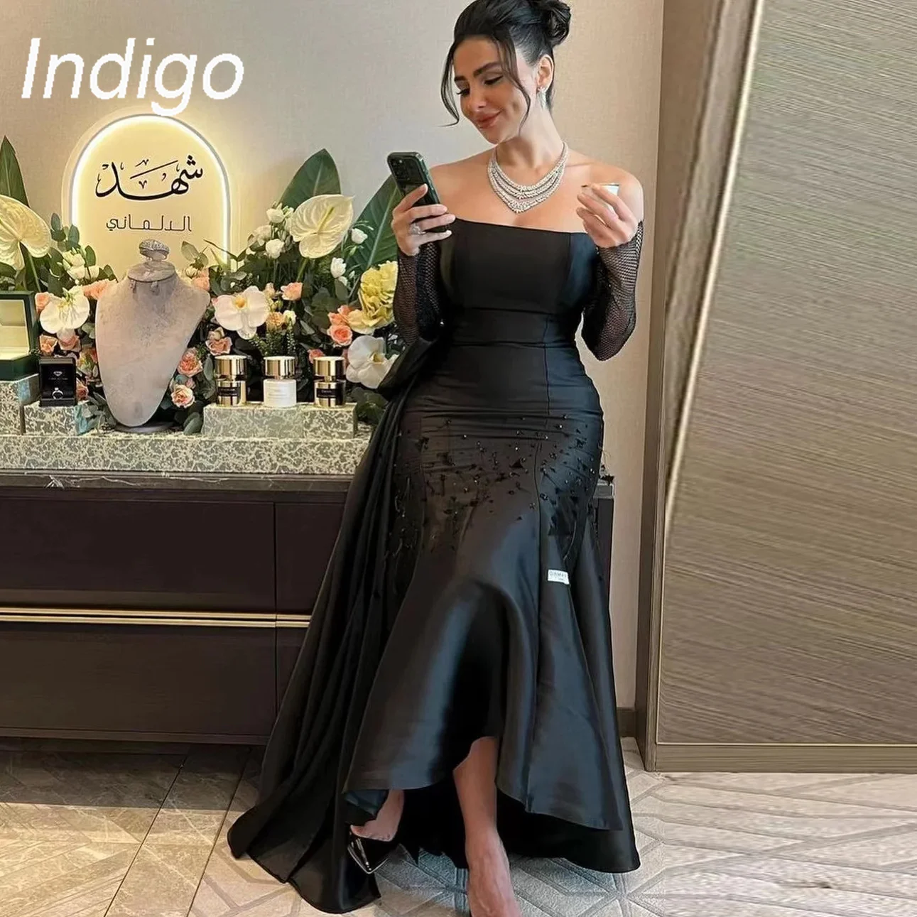 Indigo Satin Evening Dresses Off Shoulder Beading Feathers Formal Occasion Dress For Women 2024 Abendkleider Damen
