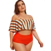Womens Plus Size Swimsuit Ruffles Short Sleeve Striped Print Tops High Waisted Bikini Beach Wear Tankini Bathing Suits - Image 2