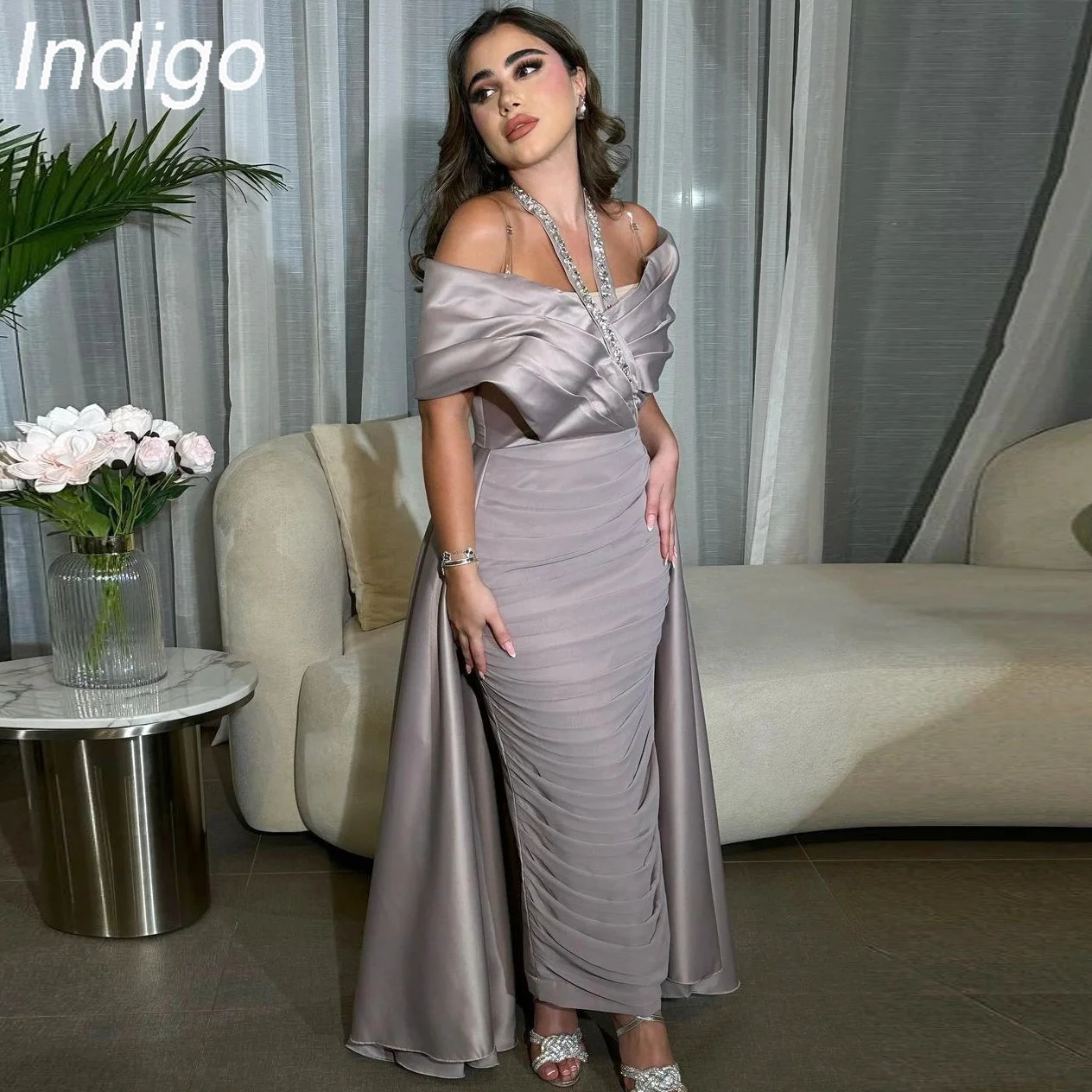 Indigo Prom Dresses Saudi Arabia Bead Halter-Neck Off Shoulder Ruched Ankle-Length Evening Dress For Women 2024 vestidos de gala