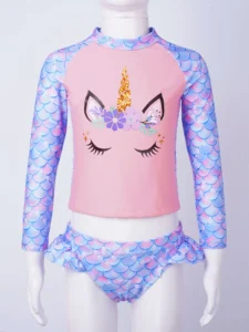 Girls Summer Printed Swimsuits Children Toddler Long Sleeve Tops Briefs Bikinis Set Bathing Suits Beachwear Swimwear 4-16 Years - Image 3