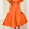 Summer Elegant Satin Dress Women 2023 VONDA Orange Dress Ruffled Party Midi Sundress Casual Solid Color V-Neck Wedding Robe