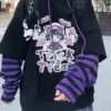 Harajuku Anime Hoodies Alt Kawaii Girls Fake Two Piece Top Striped Long Sleeve Y2k Pullover BF Korean Japanese Sweatshirt Teens