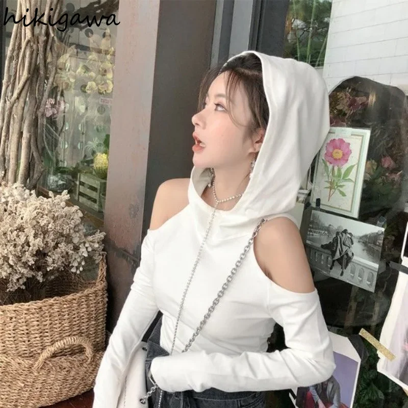 Harajuku Crop Tops Fashion Hooded Casual Tshirts Women Clothing Long Sleeve Gothic Tees Korean Off Shoulder Sexy Y2k T Shirt