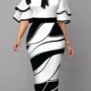 Bodycon Print Dresses for Women 2024 Black and White Ruffle Sleeve Midi Robes Bowtie Package Hip Elegant slim fit Autumn Vestido