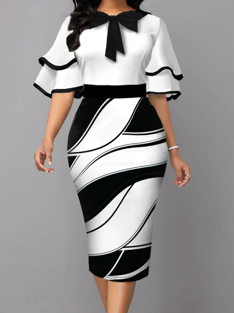 Bodycon Print Dresses for Women 2024 Black and White Ruffle Sleeve Midi Robes Bowtie Package Hip Elegant slim fit Autumn Vestido