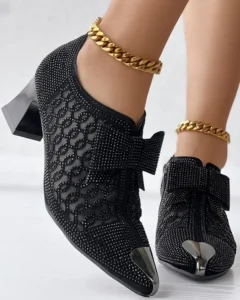 Heels Women's Hollow Mesh Shoes Summer Fashion Rhinestone Square Heel Pointed Toe Size 43 Zipper Bow Sandals Women Sandalis - Image 4