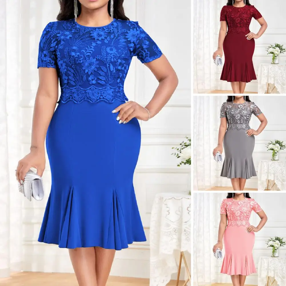 Embroidery Lace Splice Women Dress O-neck Short Sleeve Lady Dress High Waist Hip Wrapped Fishtail Gown Dress