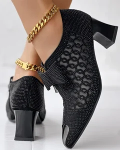 Heels Women's Hollow Mesh Shoes Summer Fashion Rhinestone Square Heel Pointed Toe Size 43 Zipper Bow Sandals Women Sandalis - Image 3