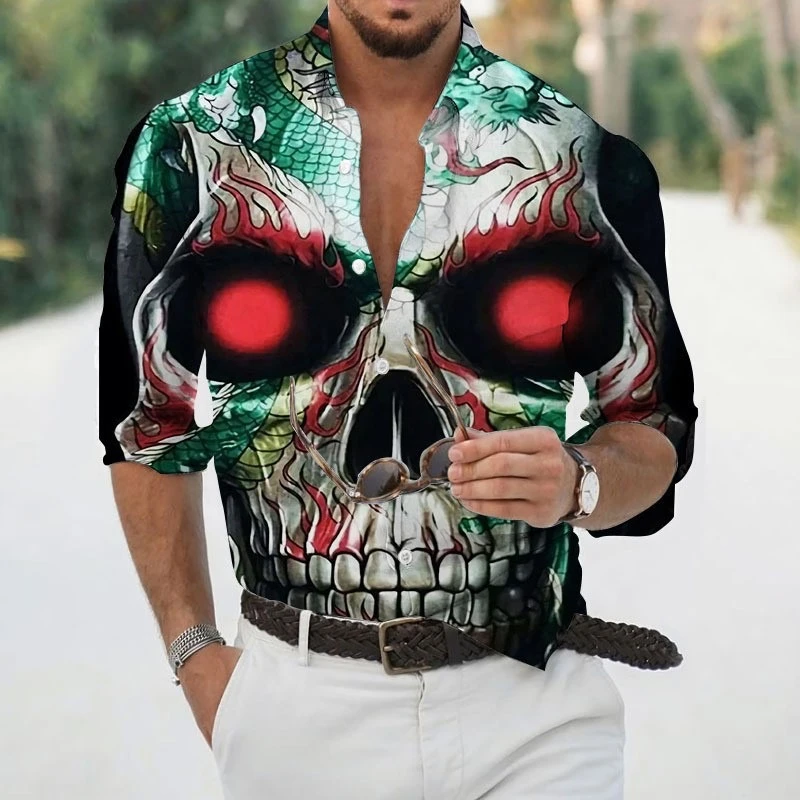 Men's shirt domineering skull 3D printed long sleeved shirt casual lapel long sleeved fashionable comfortable shirt xs-6xl