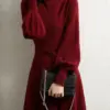 Turtleneck Women Warm Knit Sweater Dress 2022 Autumn Winter Lantern Sleeve Knitted Dress Burgundy Black Long Party Dresses