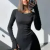 2024 Spring Sexy Tunics High Waist Bandage A-line Short Dresses for Women Streetwear Fashion Long Sleeve Lace-up Black Dress