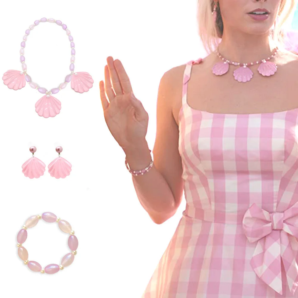 Hot Movie Barbie Costume Pink Shell Earrings Bracelet Necklace Set for Women Halloween Party Children Girls Jewelry Cosplay