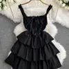 Foamlina 2024 New Fashion Women Summer Dress Black Spaghetti Strap Sleeveless Bow-tied Slim High Waist Ruffles Mini Cake Dresses