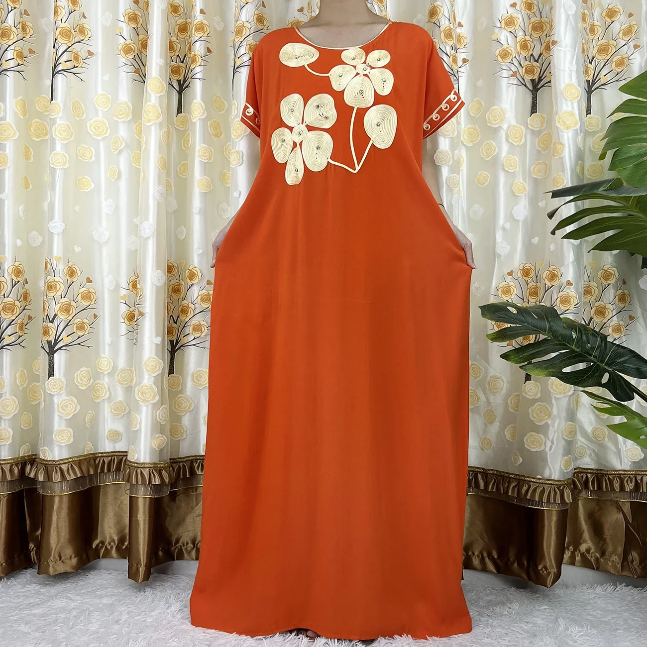 African Plus Size Traditional Kaftan Dress Short Sleeve Casual Home Dashiki Loungewear Cover up cotton Abaya for Women's dress