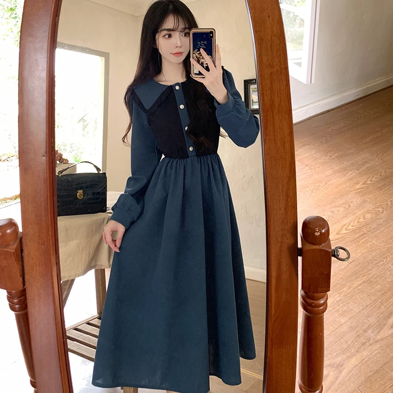 spring autumn vintage Color matching bodycon Dress French Style elegant long Sleeve loose Ladies dresses Women party vestidos